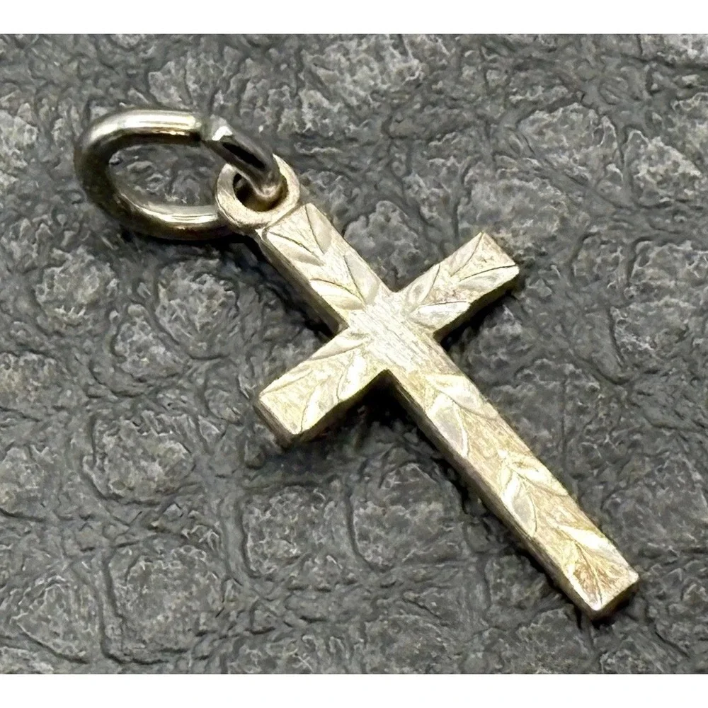 Dainty Sterling Silver Cross Etched Vintage Religious Small Charm Or Pendant